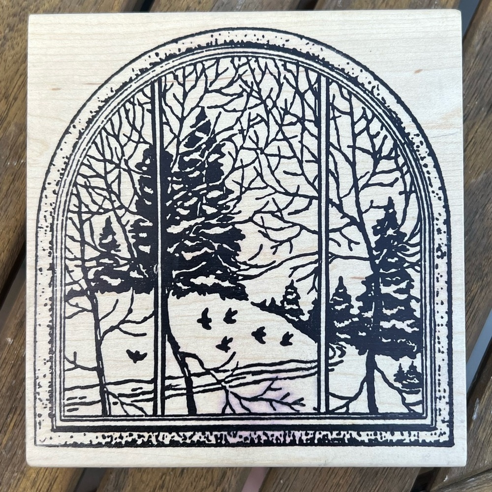 Magenta Arched Window Winter Scene Rubber Stamp Christmas Nature